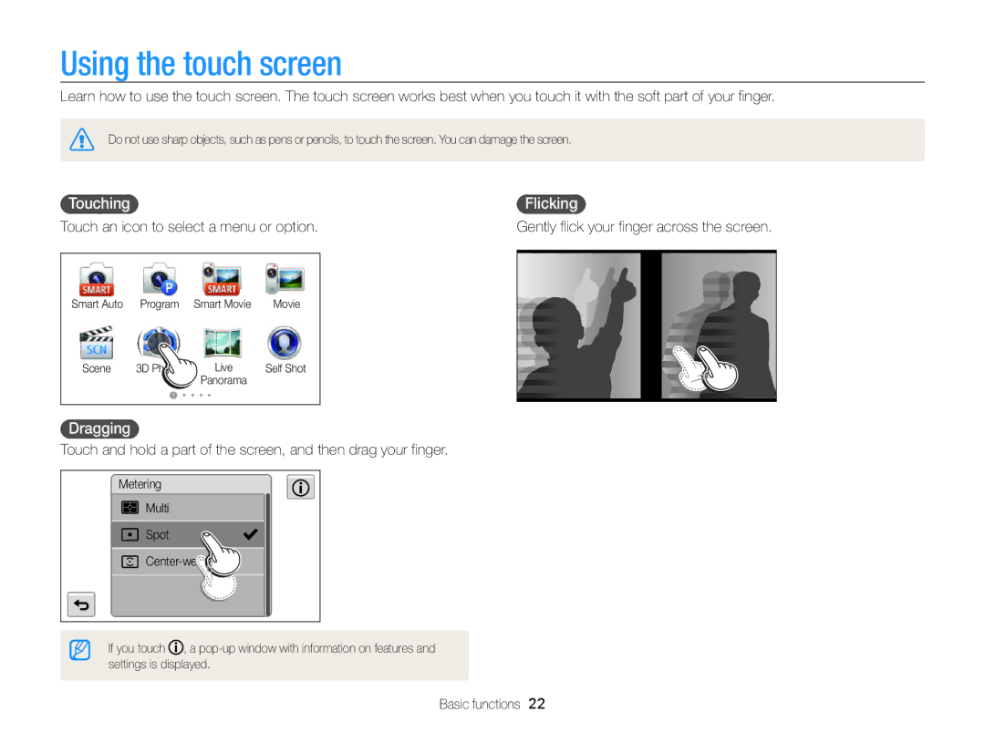 Samsung ECMV800ZBPBUS user manual Using the touch screen, Touching , Flicking , Dragging  